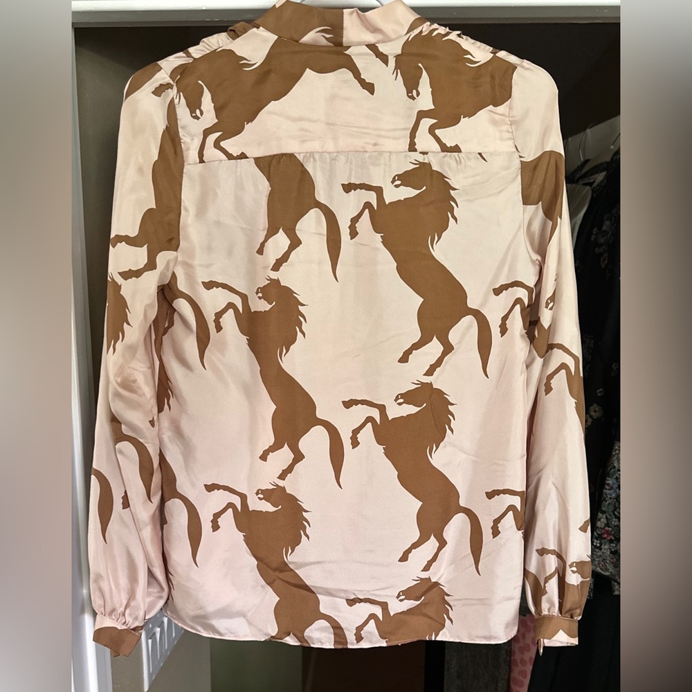 100% Silk Horse Print Long Sleeve Shirt Pink + Brown | Y2K Designer - Picture 3 of 12